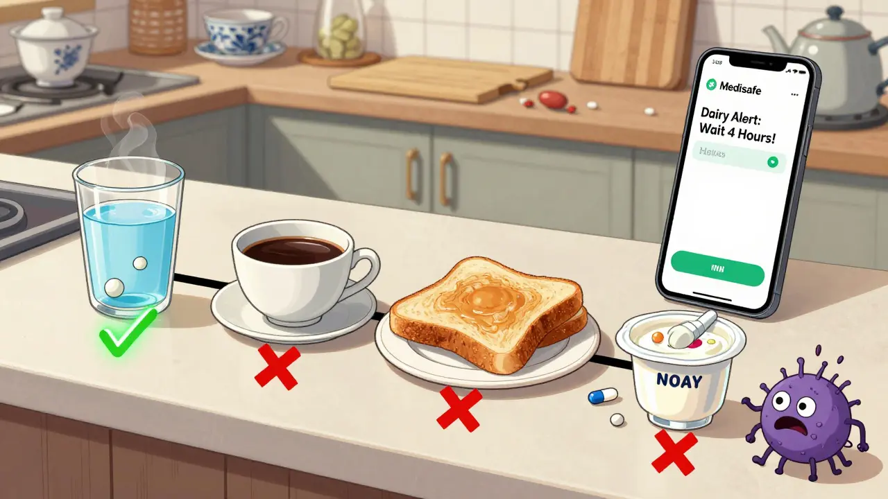 Kitchen timeline showing correct and incorrect timing of antibiotic and dairy.