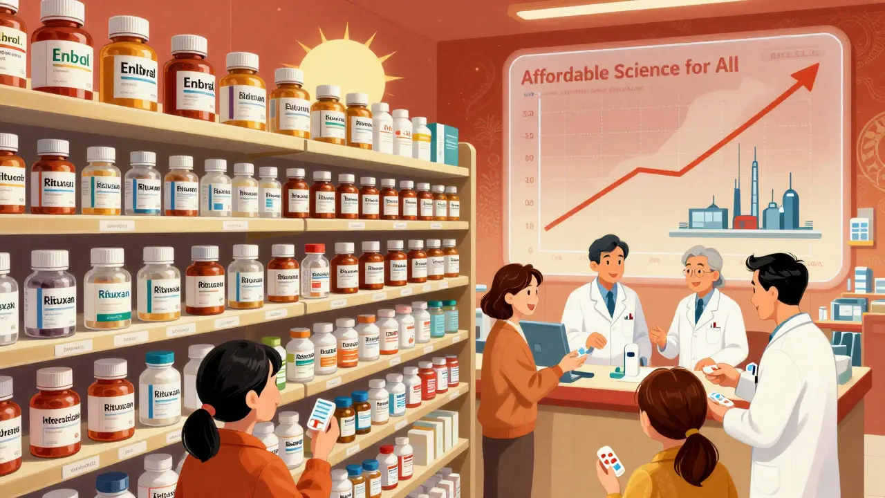 Manhua-style pharmacy shelf in 2030: biosimilars dominate as patients smile, U.S. market surges past Europe's.