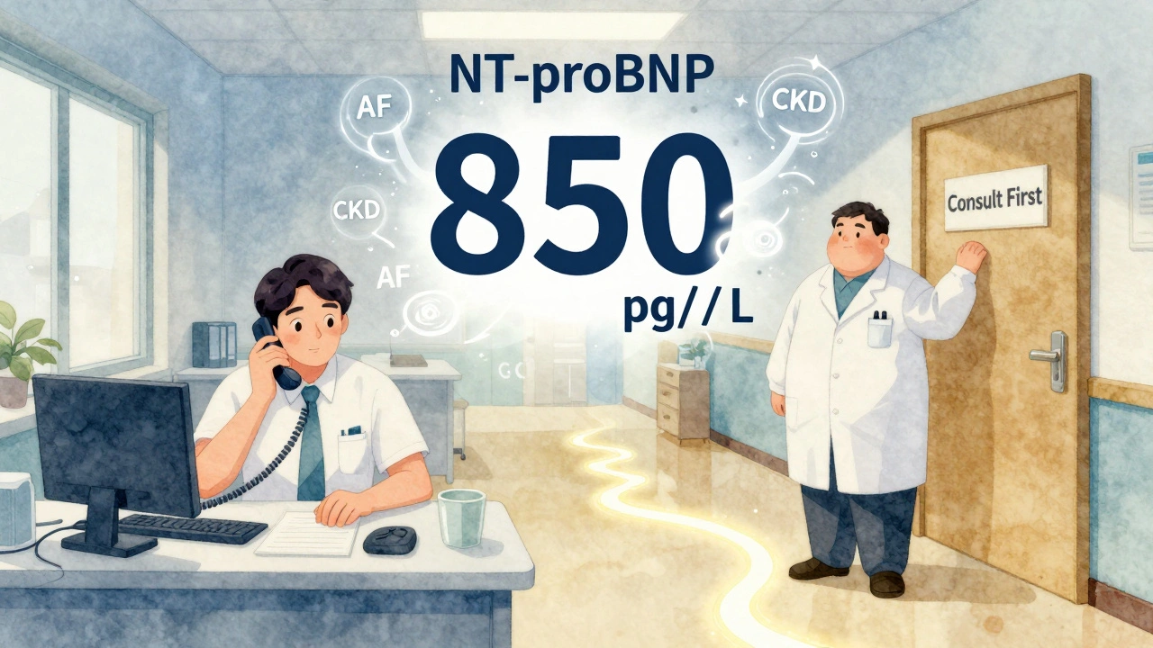 Medical hotline operator interprets ambiguous NT-proBNP result surrounded by symbols of complicating factors.