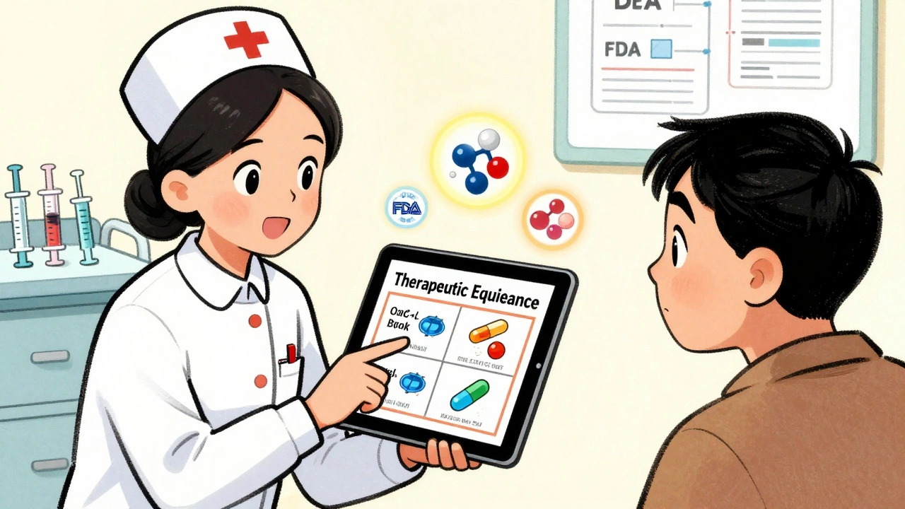 Nurse uses tablet to display FDA comparison of brand and generic pills for a curious patient.
