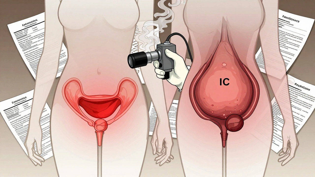Overlapping diagrams of endometriosis and interstitial cystitis in pelvis, with surgeon using laparoscope and medical documents dissolving.