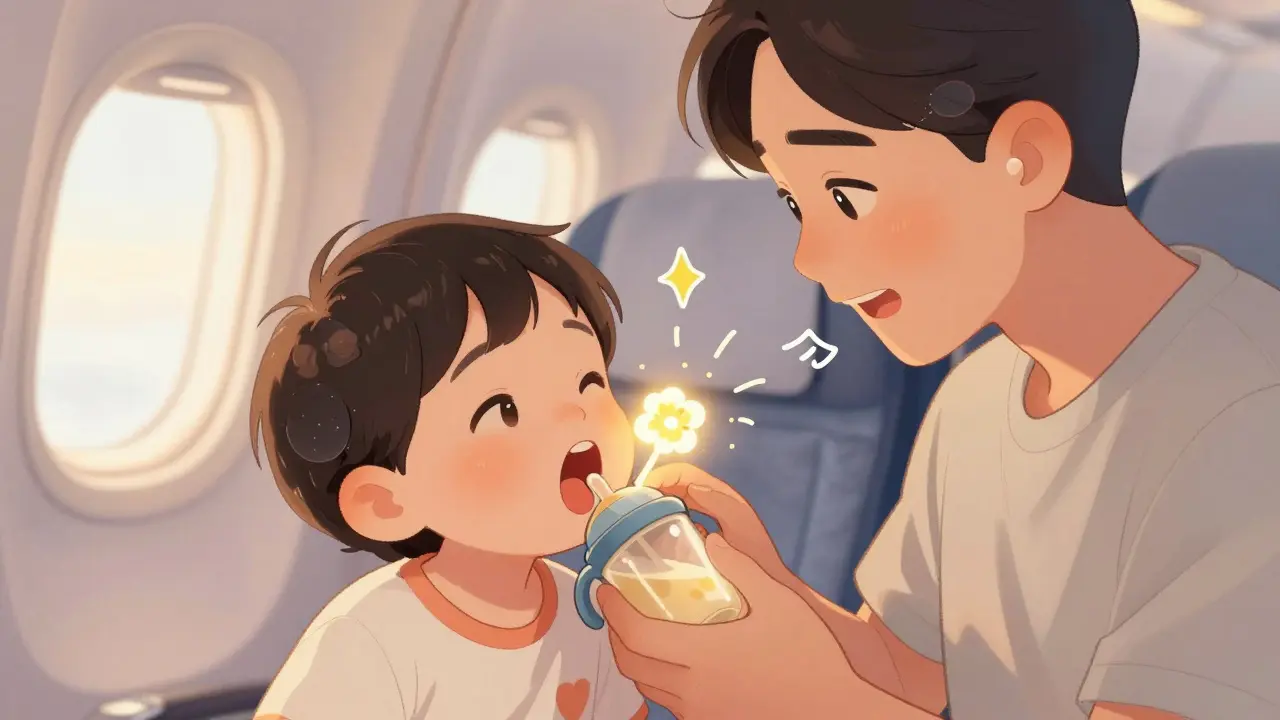 Parent helping toddler equalize ear pressure with jaw wiggle and sippy cup during flight.