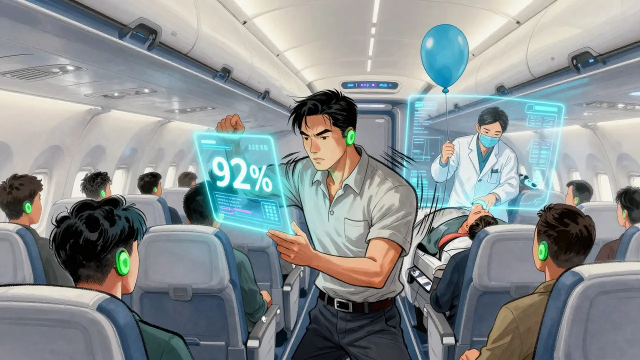 Passengers using glowing smart earplugs and holographic equalization guide on modern airplane.