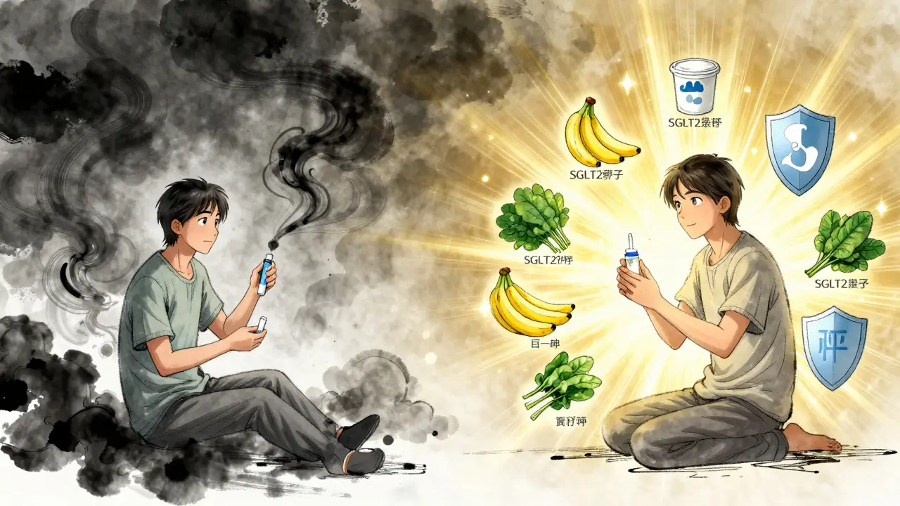 Patient on diuretics vs. protected by potassium-sparing meds and healthy foods, split scene