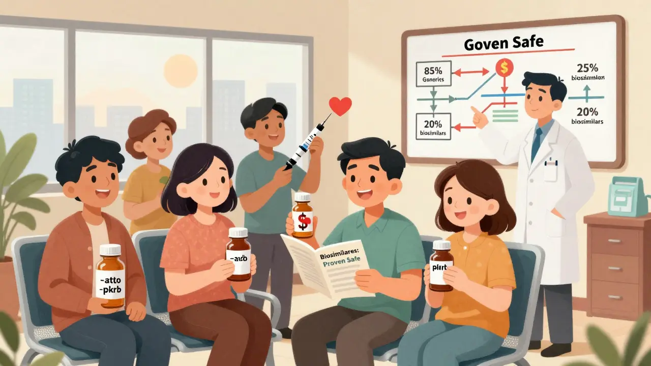 Patients in a clinic holding labeled biosimilar and generic meds, with a cost-saving flowchart and hopeful atmosphere.