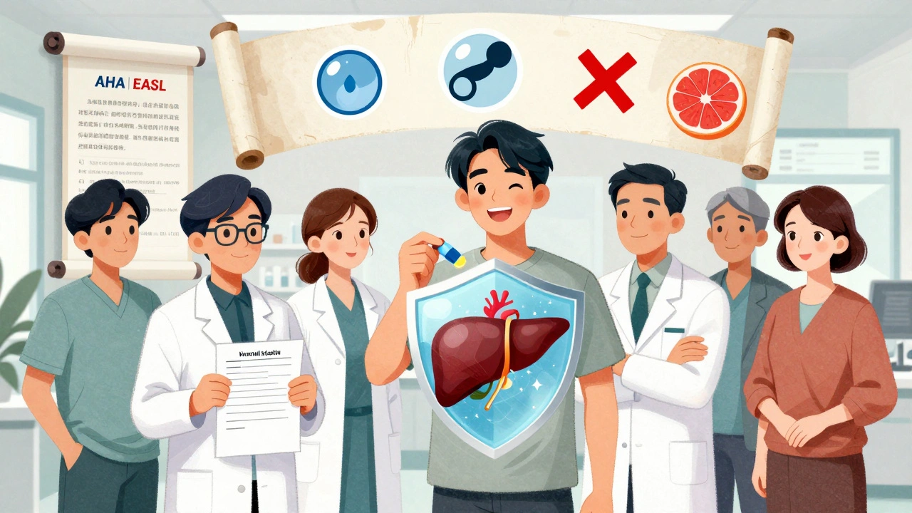 Patients in a clinic with statin pills forming protective shields over hearts and livers, floating medical guidelines in background.
