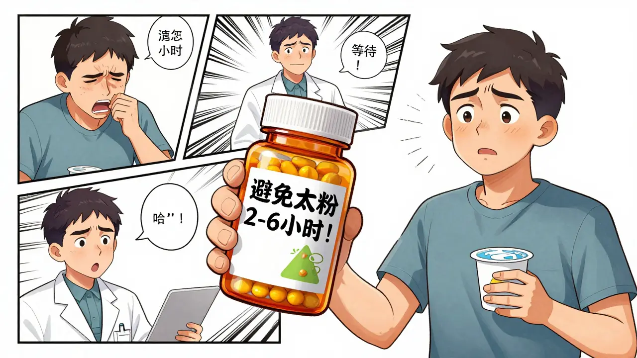 Pharmacist explains dairy warning to patient with visual timeline.