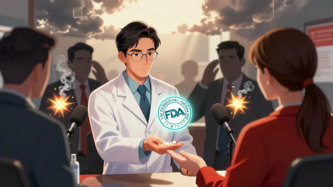 Pharmacist gives generic medication as FDA seal glows above, while shadowy figures try to spread deception.
