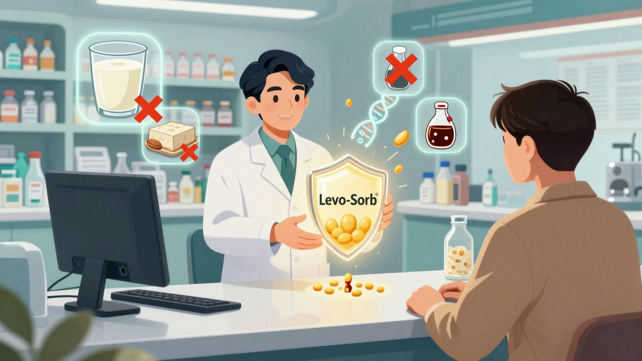 Pharmacist gives new thyroid pill that repels soybeans, with plant-based milk alternatives nearby.