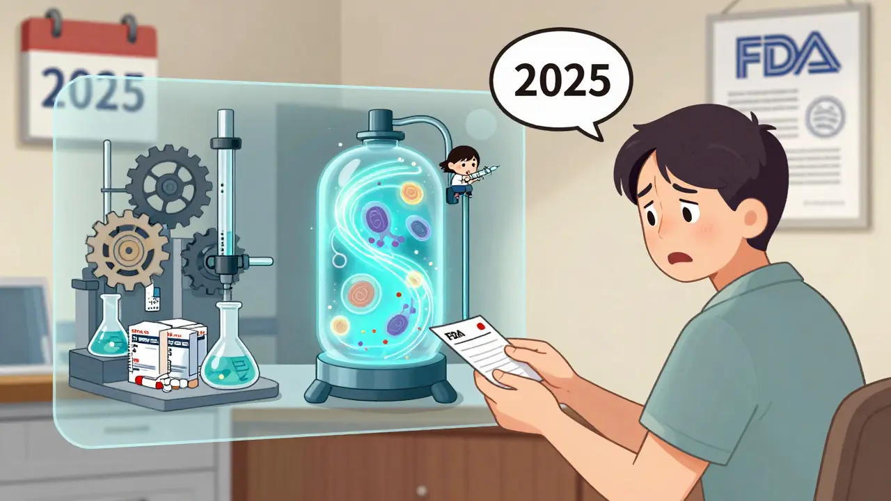 Pharmacist giving a prescription while transparent diagrams show the difference between chemical synthesis and biologic production.