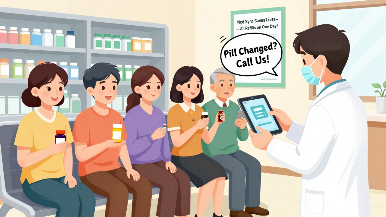 Pharmacist sends text alert about pill change to patient in pharmacy, others hold different colored medication bottles.