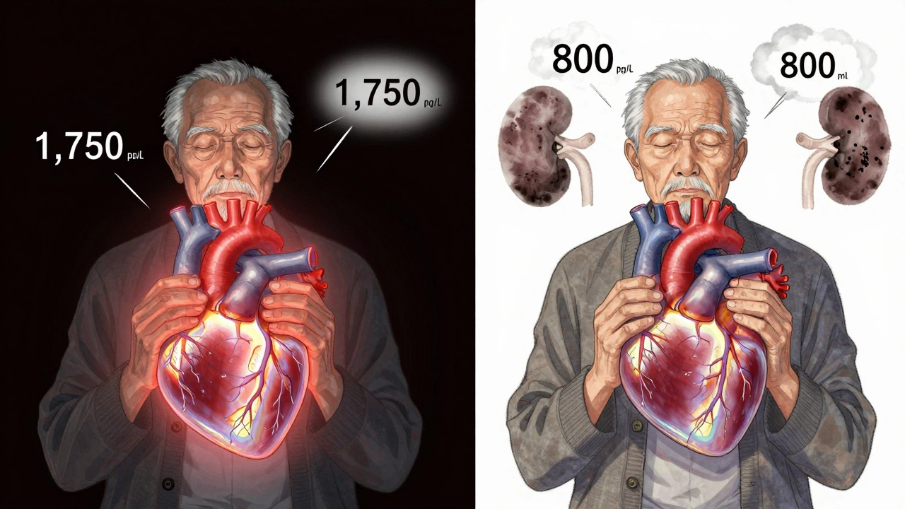 Split illustration comparing high and low NT-proBNP levels with aging heart and kidney symbols.