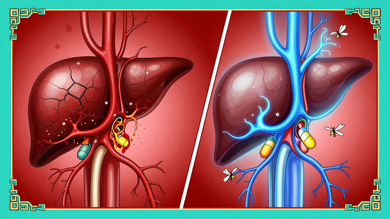 Split illustration: damaged liver on left, healed liver on right, with statins reducing pressure and inflammation in blood vessels.
