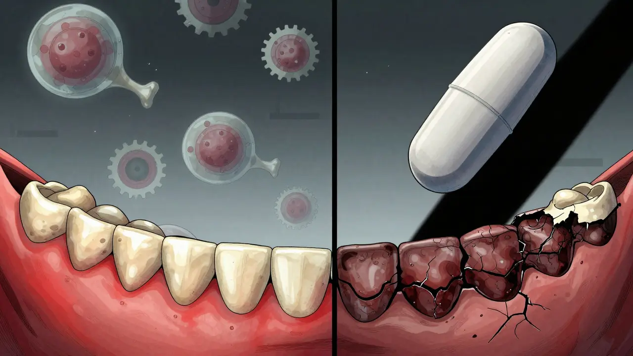 Split image: healthy jaw vs. necrotic jaw with bisphosphonate pill casting shadow, frozen bone cells in background.