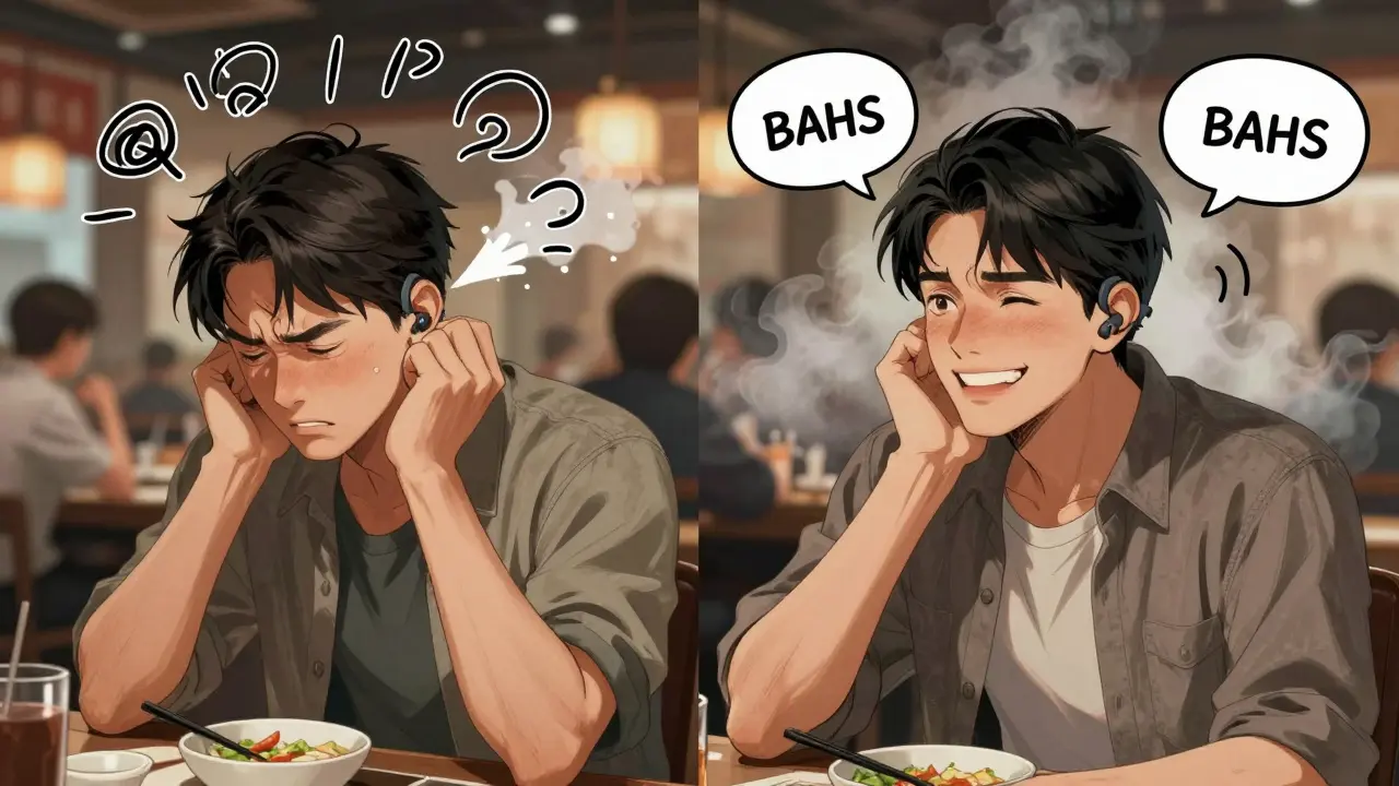 Split scene: CROS device amplifies noise in a restaurant vs. BAHS device delivering clear sound, showing improved speech understanding.