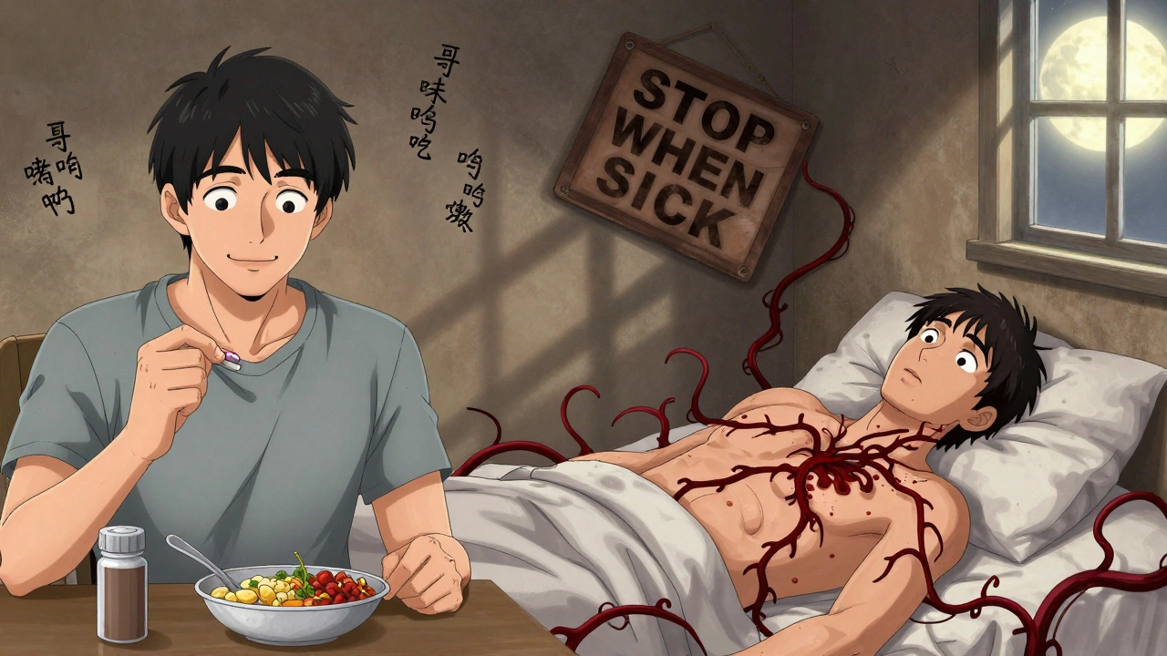 Split scene: healthy person taking pill vs. same person ill with dark ketone vines spreading.