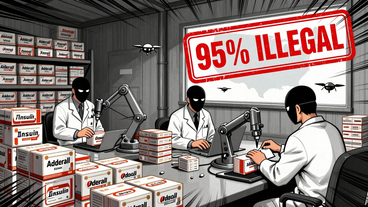 Warehouse filled with counterfeit pills labeled as Adderall and insulin, workers stamping logos, giant &#039;95% ILLEGAL&#039; stamp above.