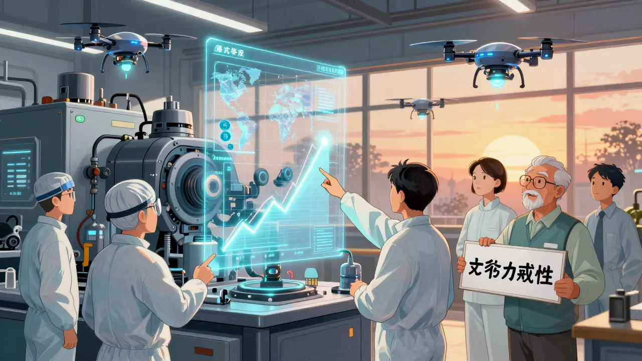 Workers monitor holographic contamination maps in a high-tech factory, guided by an experienced engineer toward a culture of safety.