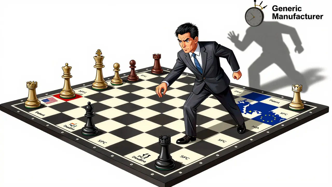A chessboard with countries as squares and patent pieces, as a generic manufacturer waits to strike at expiration.