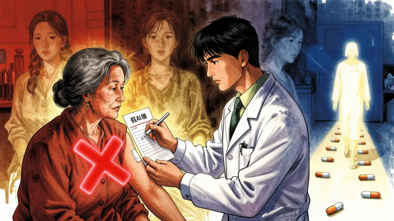 A doctor testing for penicillin allergy as false labels fade away, revealing safer antibiotic options.