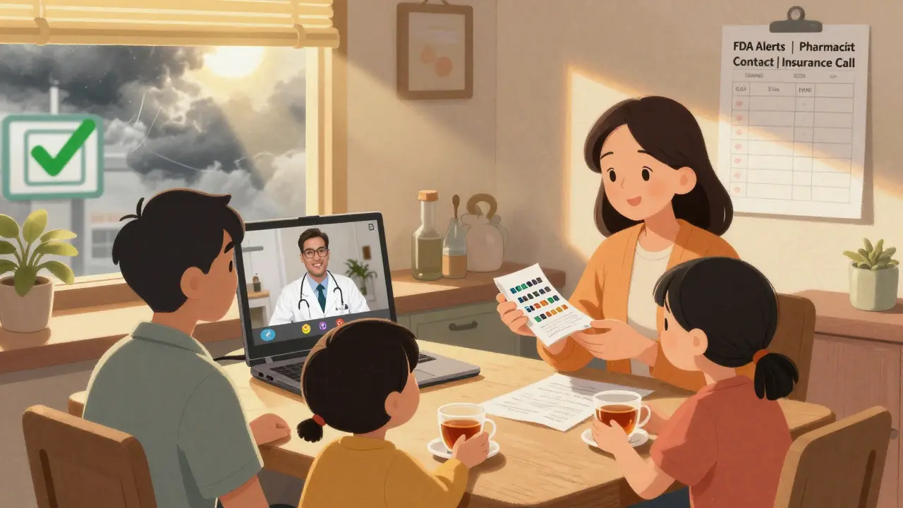 A family consults a doctor via video call while holding a 30-day medication supply at home.