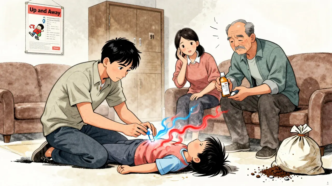 A family responds to a child's overdose with naloxone spray and a phone call to emergency services.