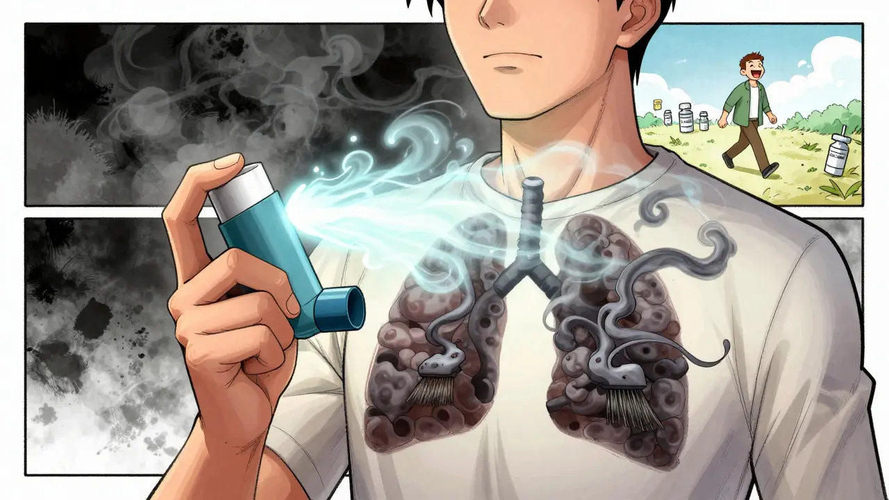 A hand uses an inhaler correctly, clean air flowing into lungs as smoke fades away, symbolic cilia cleaning airways.