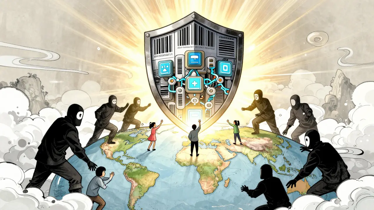 A layered technological shield protects a global map as patients reach for safety against shadowy counterfeiters.