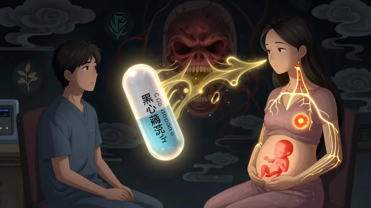 A magical dopamine pill shrinking a brain tumor while restoring vision and fertility in traditional Chinese illustration style.