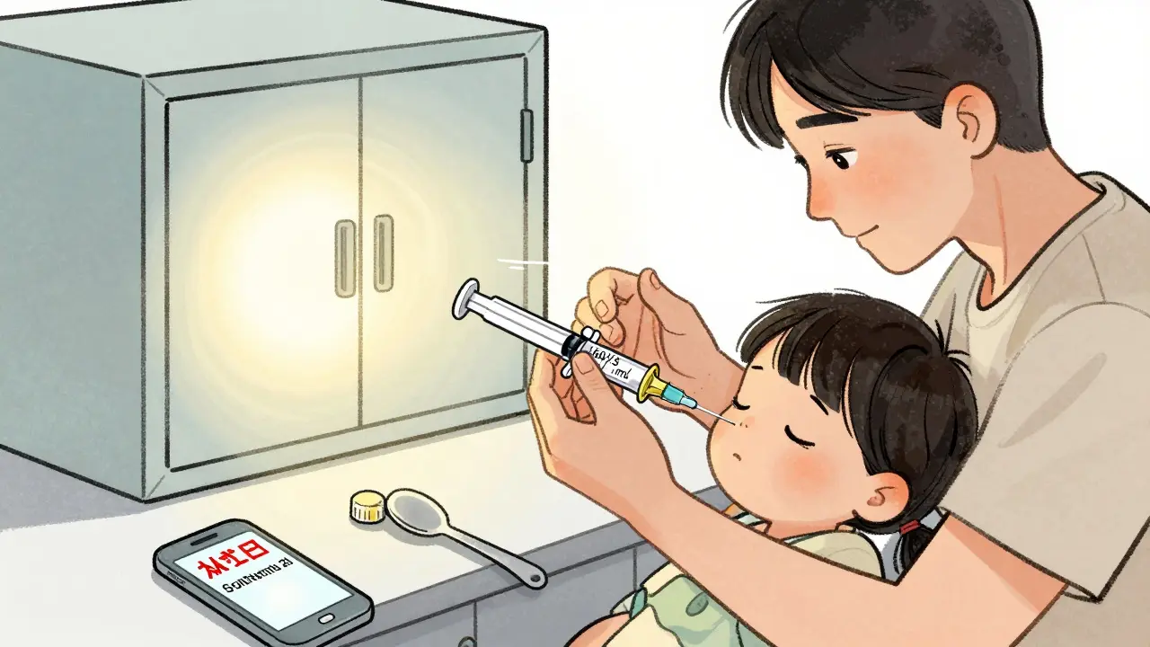 A parent uses a dosing syringe to give medicine to a child, with a locked cabinet in the background.