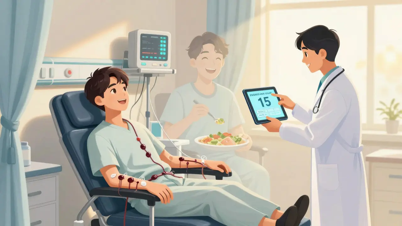 A patient on dialysis as dark toxins drain away, a faded healthy version of themselves in the background.