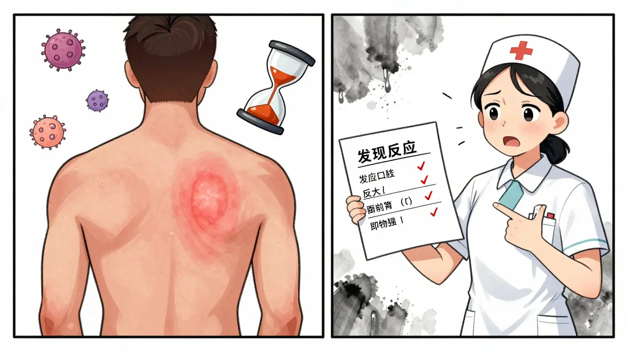 A patient with a delayed rash from amoxicillin, shown alongside a clock and T-cells to represent slow immune response.