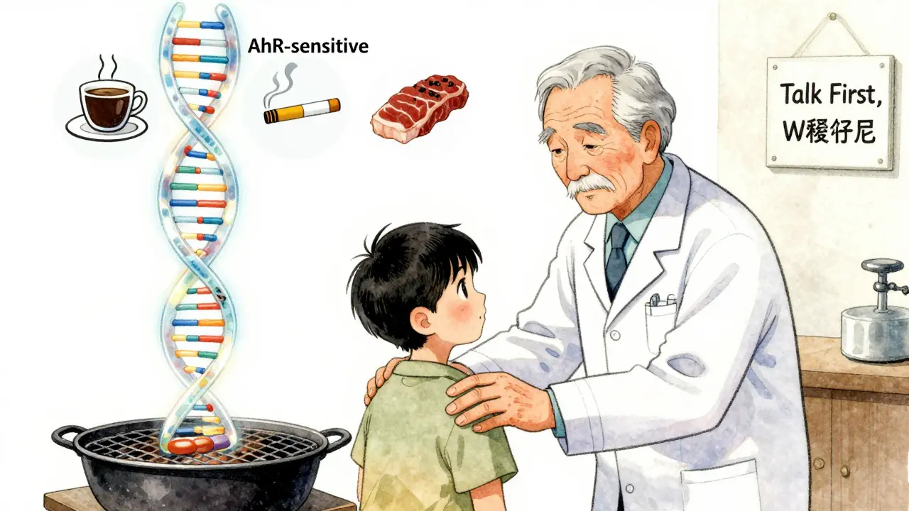A pharmacist comforts a patient near a grill, with a glowing DNA strand above them showing genetic sensitivity in Chinese manhua style.