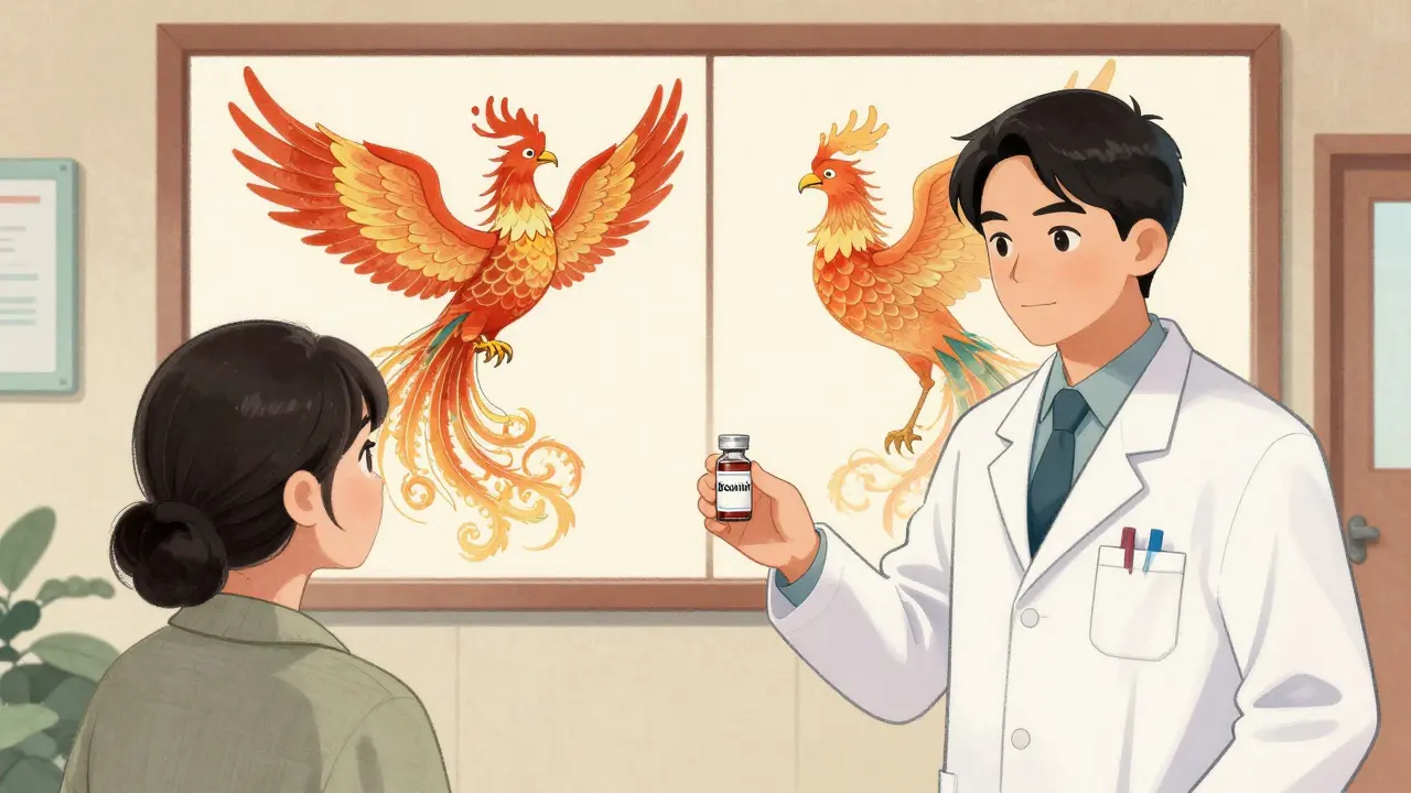 A pharmacist gives a biosimilar vial to a patient while two similar dragon-like drugs appear in the background.
