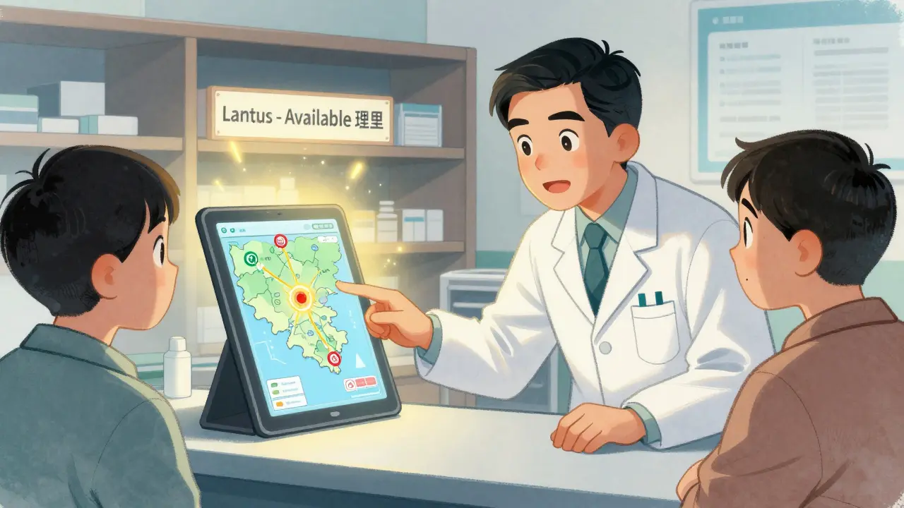 A pharmacist shows a patient a regional inventory map on a tablet, highlighting available medication.