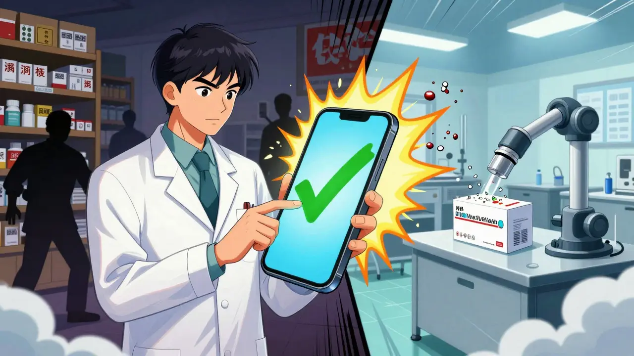 A pharmacist taps a phone on medicine packaging, causing fake pills to disintegrate while a verification checkmark shines.