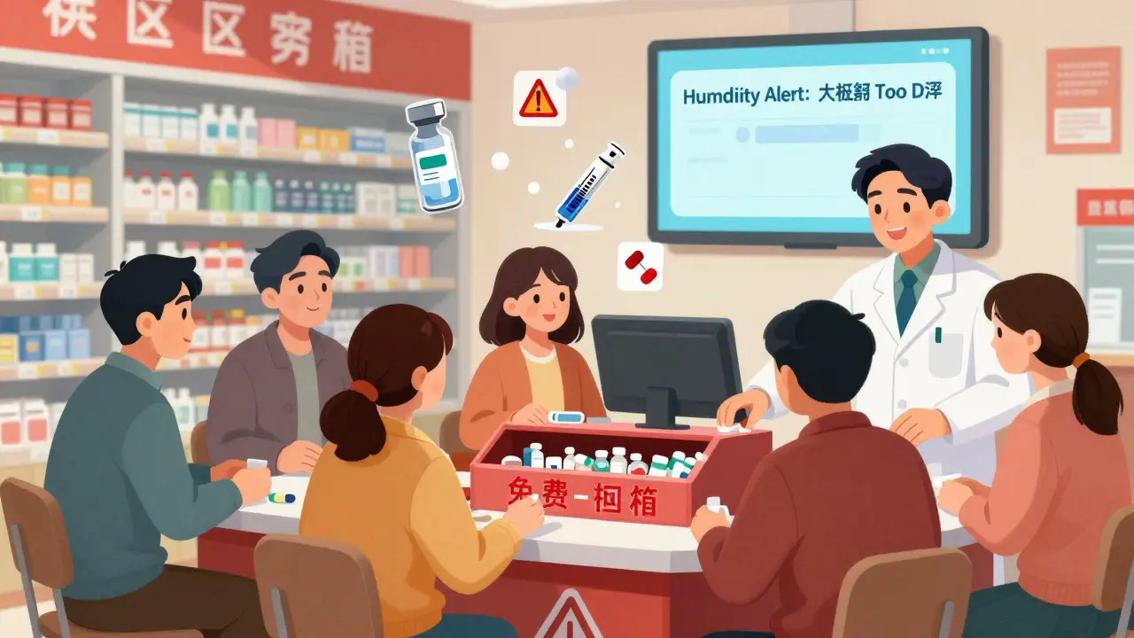 A pharmacy offers a take-back box for expired drugs, with digital safety alerts visible in the background.