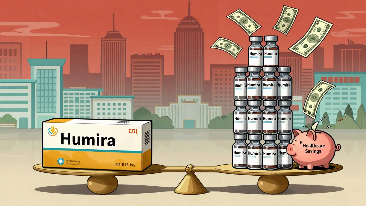 A scale balances a brand-name drug against multiple biosimilar vials, with money falling into a savings piggy bank.