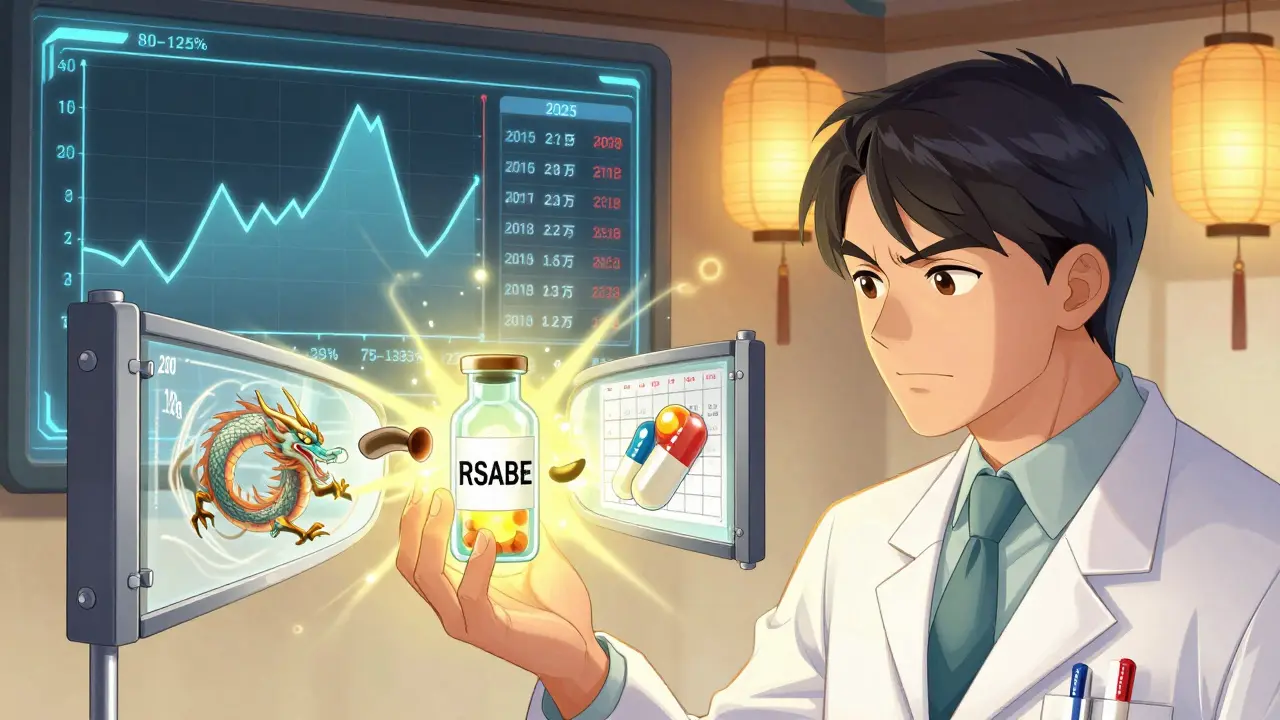 A scientist holds a glowing RSABE gate that widens as a dragon-shaped variable drug passes through, with blood curves and rising stats in background.