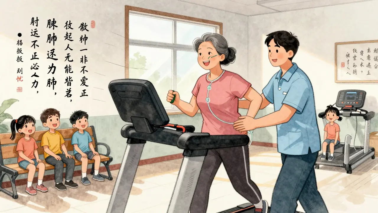 A woman walks in pulmonary rehab with a therapist, her grandchildren watching, sunlight streaming in.