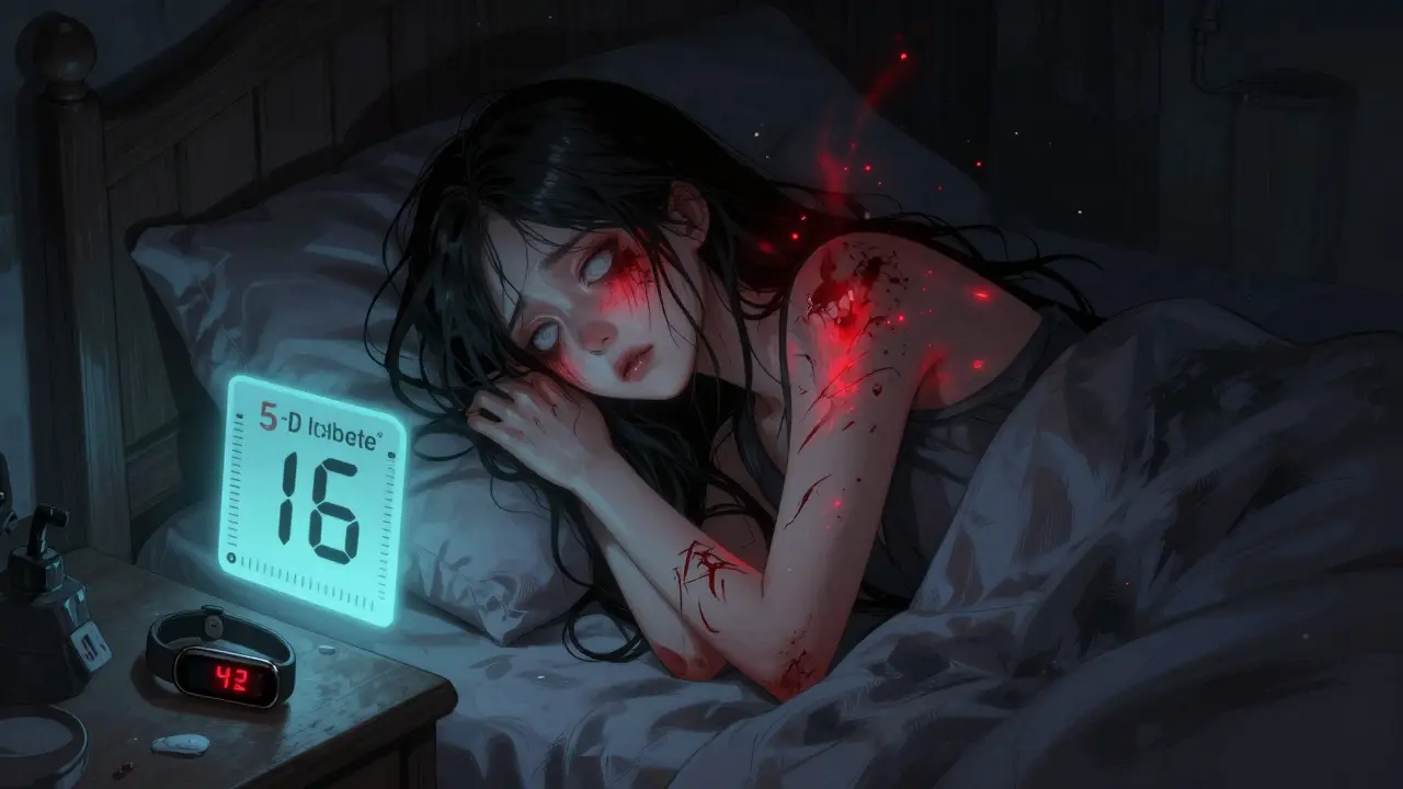 A woman with bloody scratches on her arms, glowing itch scale beside her, lying awake in a dark room.