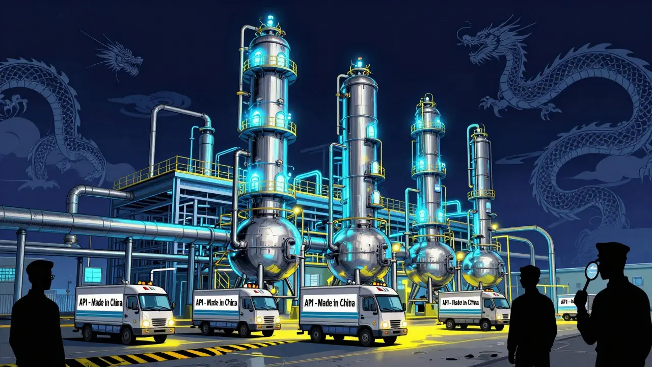 Chinese chemical plant producing active pharmaceutical ingredients with glowing vats and inspectors nearby.