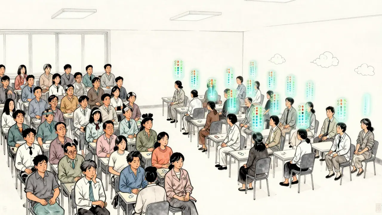Contrast between a crowded parallel trial and a calm crossover trial with fewer participants and ghosted outlines of repeated dosing.