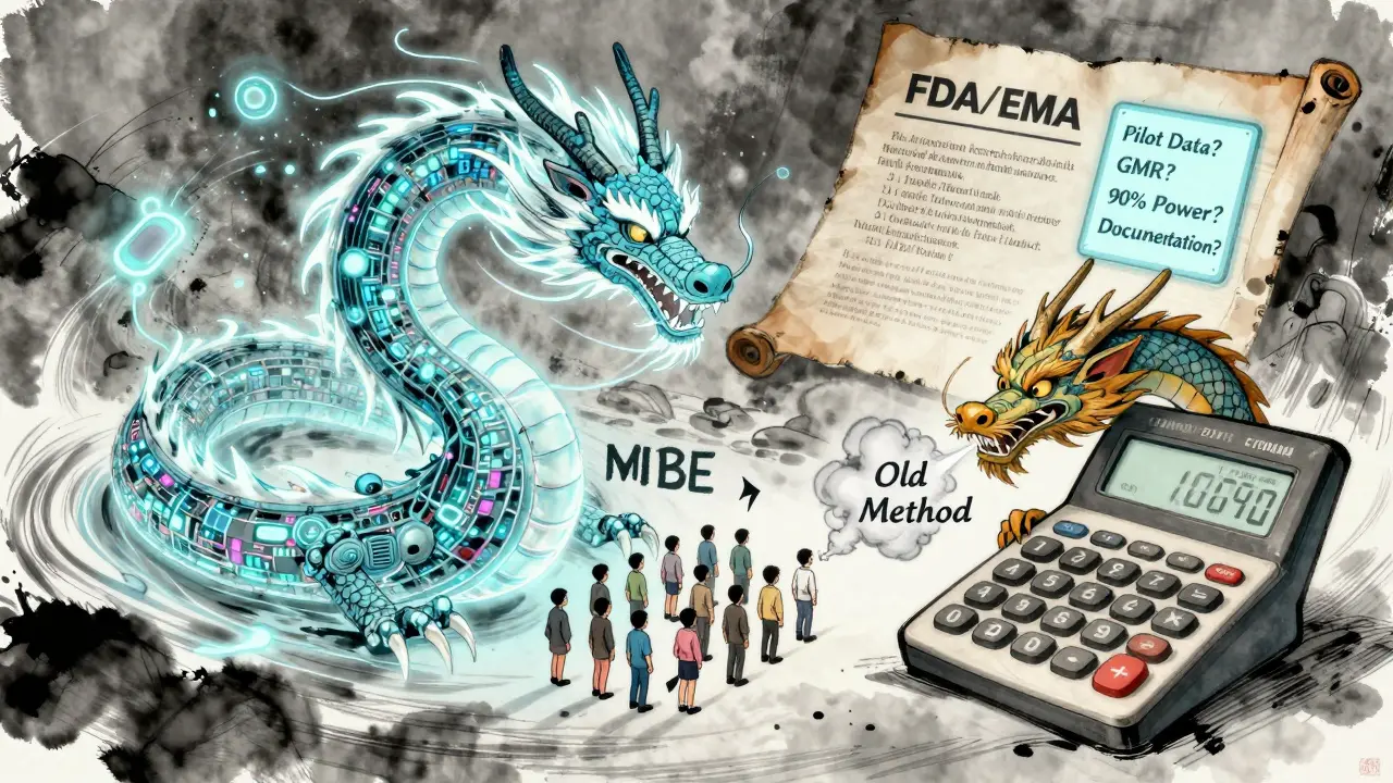 Data dragon representing MIBE beside traditional calculator dragon, with FDA/EMA checklist scroll