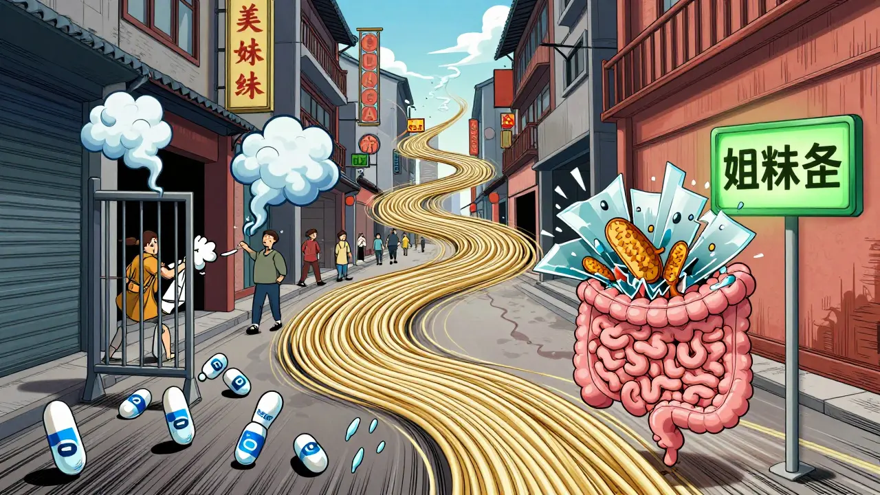 Digestive system as a noodle street where lactose and gluten cause chaos, with gluten-free path glowing safely ahead.