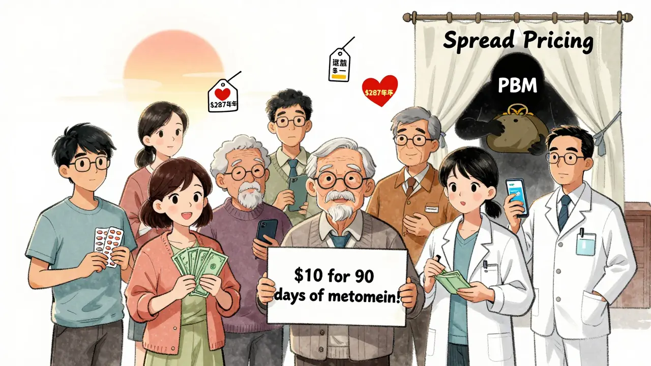 Diverse patients celebrating low-cost generics while a shadowy PBM tries to hide profits