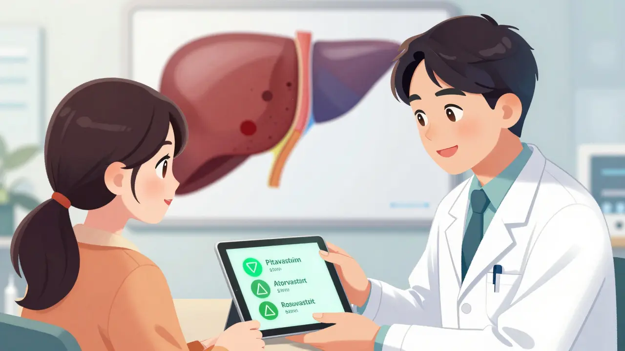 Doctor and patient reviewing tablet showing safe statins, split liver illustration in background, calm clinic setting.