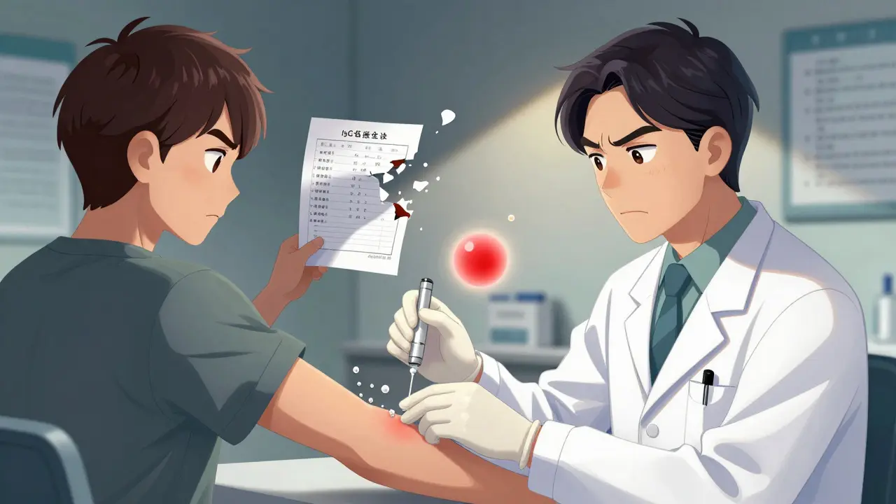 Doctor performing a skin prick test while a misleading IgG test crumbles in the background.