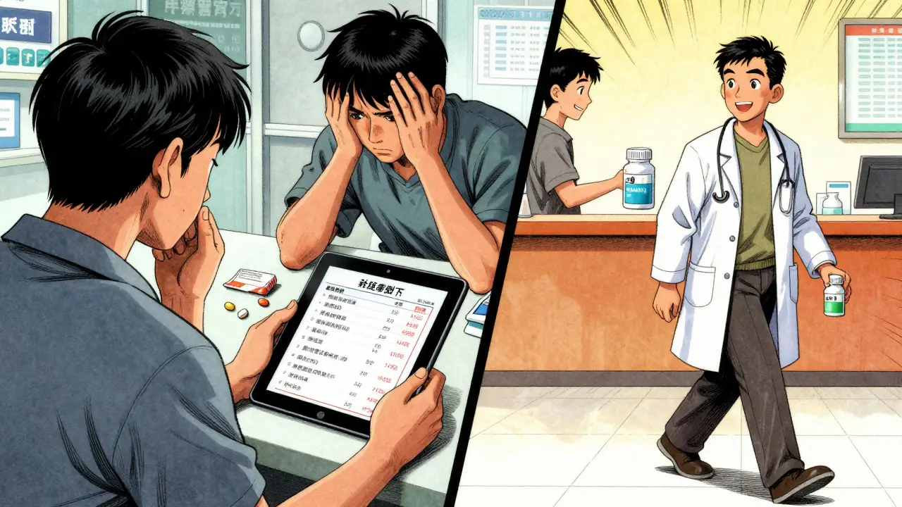 Doctor shows cost-saving prescription options on a tablet to a relieved patient