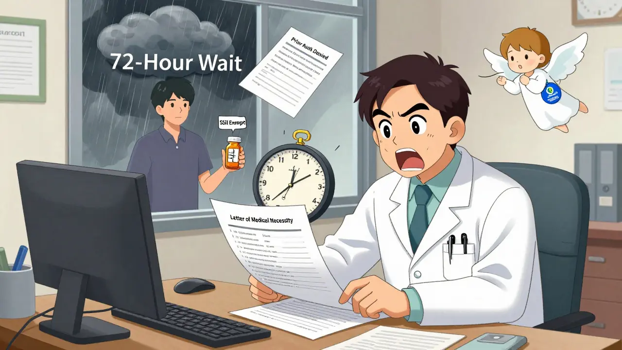 Doctor writing medical appeal as paperwork and wait times swirl around, patient outside under a storm cloud of delayed approval.